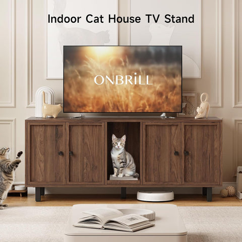 ONBRILL 59 Inches Cat Litter Box Enclosure for 2 Cats, Walnut Modern Hidden Litter Furniture with Cat Scratch Pad, Large Indoor Pet House with Double Room, Wooden TV Stand Side Table