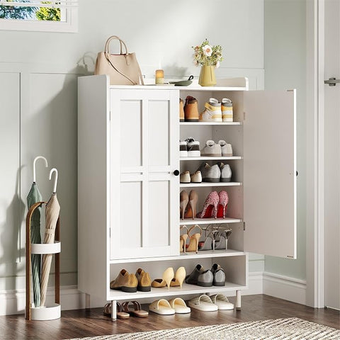 ONBRILL Shoe Cabinet with Cross Molding Doors, 6-Tier Shoe Storage(White) 18-24 Pairs Shoe Storage Cabinet with 3 Adjustable Shelves & Metal Legs, 45 Inch Tall Shoe Organizer for Entryway, Front Door