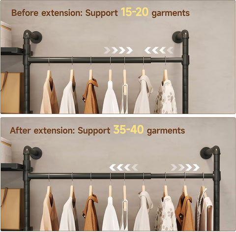 ONBRILL T3 Closet System with Stepless Dimmable LED Light & 4 Large Drawers Adjustable from 6'6'' to 8'11'', Heavy Duty Industrial Pipe Clothing Rack with 6 Wooden Shelves & 4 Telescopic Rods, Black