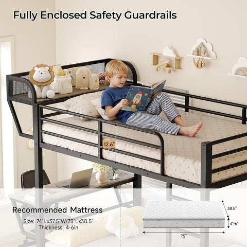 ONBRILL Bunk Bed Twin Over Twin, Metal Bunk Beds with Desk & Outlet, Black Heavy-Duty Bunkbeds Frame with Safety Guardrail & Ladders, Upper Bed with Storage Rack, No Box Spring Needed, for Juniors