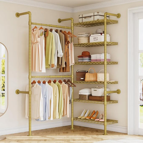 ONBRILL L2 Wall Mounted Closet System, Industrial Pipe Clothing Rack, Black Metal Clothes Rack with 2 Telescopic Rods & 6 Shelves, Heavy Duty Closet Organizers for Wardrobe, Reach-in & Walk-in Closets