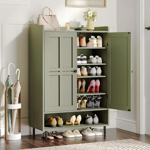 ONBRILL Shoe Cabinet with Cross Molding Doors, 6-Tier Shoe Storage(White) 18-24 Pairs Shoe Storage Cabinet with 3 Adjustable Shelves & Metal Legs, 45 Inch Tall Shoe Organizer for Entryway, Front Door