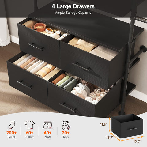 ONBRILL T3 Closet System with Stepless Dimmable LED Light & 4 Large Drawers Adjustable from 6'6'' to 8'11'', Heavy Duty Industrial Pipe Clothing Rack with 6 Wooden Shelves & 4 Telescopic Rods, Black