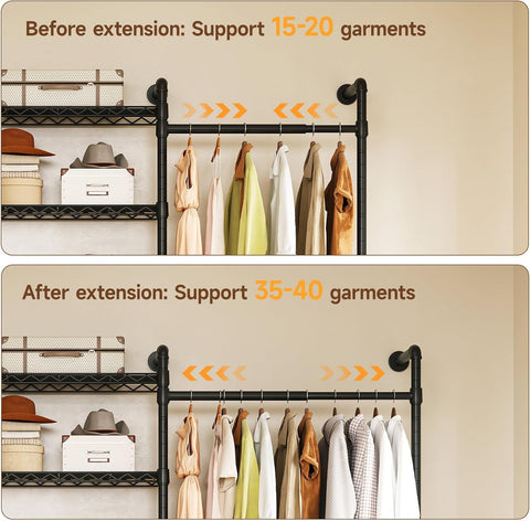ONBRILL L2 Wall Mounted Closet System, Industrial Pipe Clothing Rack, Black Metal Clothes Rack with 2 Telescopic Rods & 6 Shelves, Heavy Duty Closet Organizers for Wardrobe, Reach-in & Walk-in Closets