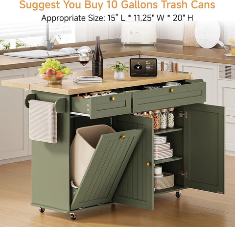 ONBRILL 60" Kitchen Island with Trash Can Storage, Green Kitchen Island Cart with Power Outlet & Drop Leaf, Storage Cabinet with Adjustable Shelf, Rolling Island Table for Kitchen