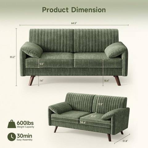 ONBRILL 64.5" Loveseat Sofa, Chenille Loveseat Couch for Living Room, Green 23.2" Deep Seat Love seat with Padded Arms, Comfy Modern Small Couches for Bedroom, Small Spaces, Dorms, Office, Apartment