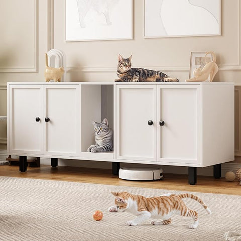ONBRILL 59 Inches Cat Litter Box Enclosure for 2 Cats, Walnut Modern Hidden Litter Furniture with Cat Scratch Pad, Large Indoor Pet House with Double Room, Wooden TV Stand Side Table