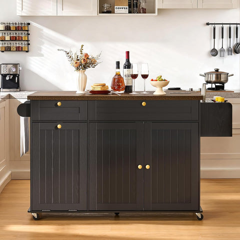 ONBRILL 60" Kitchen Island with Trash Can Storage, Black+Rustic Brown | Kitchen Island Cart with Power Outlet & Drop Leaf, Storage Cabinet with Adjustable Shelf, Rolling Island Table for Kitchen
