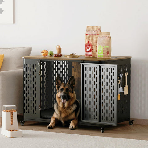 ONBRILL Heavy Duty Dog Crate Furniture for Large and Medium Dogs, 38.2 Inch/43.7 Inch Dog Crate Kennel with Flip Top & Cushion & Wheels, Escape Proof Pet Cage,Wooden Cage Kennel Furniture Indoor