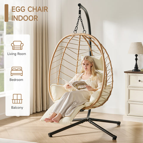ONBRILL Hanging Egg Chair with Adjustable Footrest & Stand, Wicker Rattan Swing Hammock Chair with Cushion & Double Chains, 350LBS Capacity for Outdoor & Indoor Patio, Deck, Bedroom, Balcony