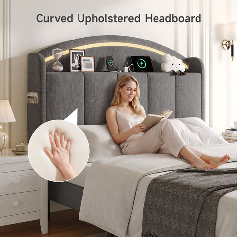 Upholstered Headboard Queen Size with LED Light, Curved Chenille Headboards with Charging Station, Adjustable Height Queen Headboard Only with Storage Shelf & Pocket, Head Board Easy Assembly