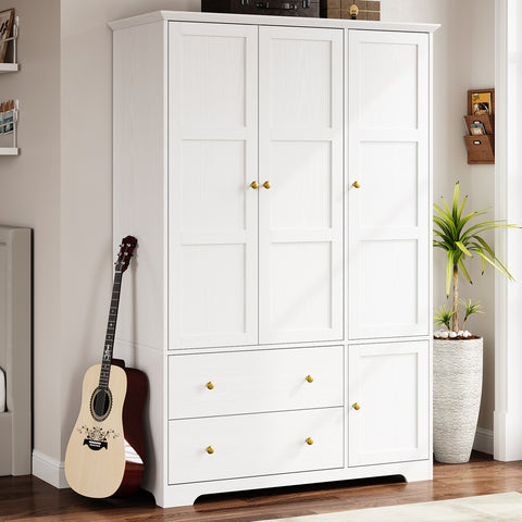 ONBRILL 3 Doors Wooden Wardrobe Closet Armoire with Pull Out Pants Rack, Bedroom Large Capacity Armoire with Drawers and Shelves, Storage Cabinet for Hanging Clothes