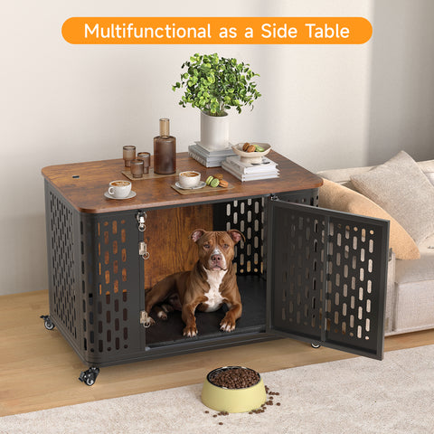 ONBRILL Heavy Duty Dog Crate Furniture for Large and Medium Dogs, 38.2 Inch/43.7 Inch Dog Crate Kennel with Flip Top & Cushion & Wheels, Escape Proof Pet Cage,Wooden Cage Kennel Furniture Indoor