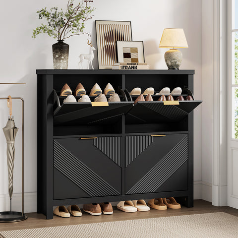 ONBRILL Shoe Cabinet with 4 Flip Drawers, Narrow Shoe Organizer with Symmetric Groove Pattern, Freestanding Wood Hidden Shoe Storage Cabinet for Entryway, Hallway