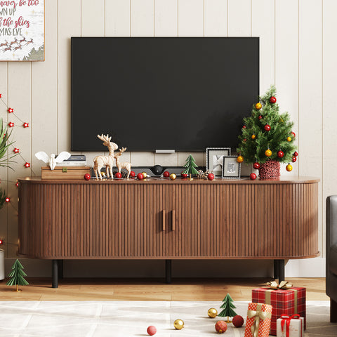 ONBRILL 63" TV Stand with Power Outlet for TVs up to 70 Inch, Entertainment Center with Storage and Adjustable Shelves, Modern Media Console with Sliding Doors for Living Room, Walnut