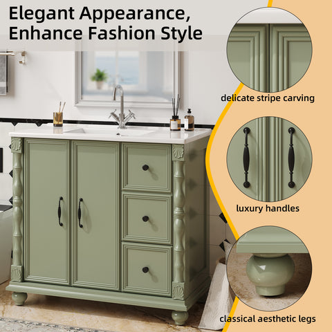 ONBRILL Bathroom Vanity with Sink Combo, Modern Bathroom Vanities with Adjustable Shelf, 4 Solid Legs, 2 Drawers, 2 Doors, Ceramic Integrated Sink, Freestanding Bath Storage Cabinet (36", Green)