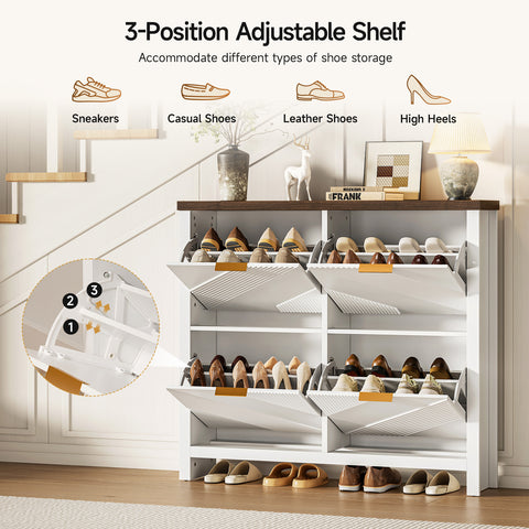 ONBRILL Shoe Cabinet with 4 Flip Drawers, Narrow Shoe Organizer with Symmetric Groove Pattern, Freestanding Wood Hidden Shoe Storage Cabinet for Entryway, Hallway