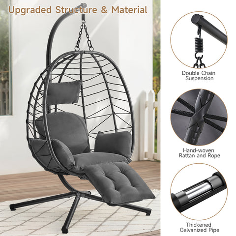 ONBRILL Hanging Egg Chair with Adjustable Footrest & Stand, Wicker Rattan Swing Hammock Chair with Cushion & Double Chains, 350LBS Capacity for Outdoor & Indoor Patio, Deck, Bedroom, Balcony