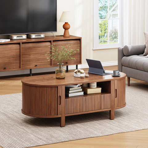 ONBRILL 47.2 Inch Oval Coffee Table with Storage, Mid Century Modern Coffee Table with Drawer, Center Table with Sliding Door and Wood Fluted Handle for Living Room, Walnut