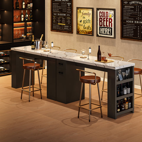 Bar Table, 59-Inch Modern Counter Height Pub Table w/Pull-Basket Drawer, 3-Tier Shelves, Kitchen Island Table w/1.5" Thick Marble Tabletop, Home Coffee Bar Unit for Dining Living Room Balcony Bistro
