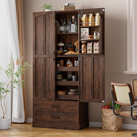 ONBRILL 71" Kitchen Pantry Cabinet, 3 Pull-Out Shelves & 2 Drawers, Brown Tall Farmhouse Pantry Storage Cabinet with 6 Door Shelf & Adjustable Shelf, Freestanding Cupboard for Kitchen, Dining Room
