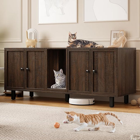 ONBRILL 59 Inches Cat Litter Box Enclosure for 2 Cats, Walnut Modern Hidden Litter Furniture with Cat Scratch Pad, Large Indoor Pet House with Double Room, Wooden TV Stand Side Table