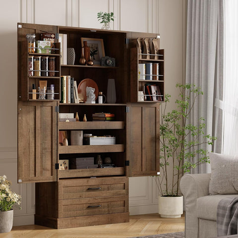 ONBRILL 71" Kitchen Pantry Cabinet 3 Pull-Out Shelf & 2 Drawer Rustic Brown Tall Farmhouse Pantry Storage Cabinet with 6 Door Shelf & Adjustable Shelf, Freestanding Cupboard for Kitchen, Dining Room