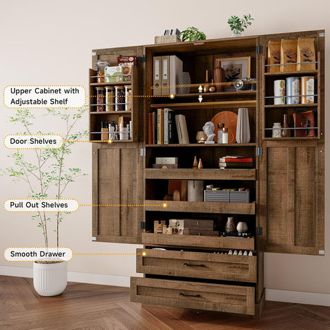 ONBRILL 71" Kitchen Pantry Cabinet 3 Pull-Out Shelf & 2 Drawer Rustic Brown Tall Farmhouse Pantry Storage Cabinet with 6 Door Shelf & Adjustable Shelf, Freestanding Cupboard for Kitchen, Dining Room