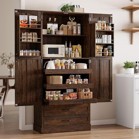 ONBRILL 71" Kitchen Pantry Cabinet, 3 Pull-Out Shelves & 2 Drawers, Brown Tall Farmhouse Pantry Storage Cabinet with 6 Door Shelf & Adjustable Shelf, Freestanding Cupboard for Kitchen, Dining Room