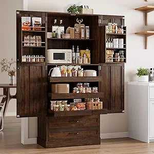 ONBRILL 71" Kitchen Pantry Cabinet 3 Pull-Out Shelf & 2 Drawer Rustic Brown Tall Farmhouse Pantry Storage Cabinet with 6 Door Shelf & Adjustable Shelf, Freestanding Cupboard for Kitchen, Dining Room