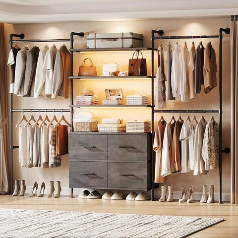 ONBRILL T3 Closet System with Stepless Dimmable LED Light & 4 Large Drawers Adjustable from 6'6'' to 8'11'', Heavy Duty Industrial Pipe Clothing Rack with 6 Wooden Shelves & 4 Telescopic Rods, Black