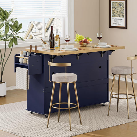 ONBRILL 60" Kitchen Island with Trash Can Storage, Blue Kitchen Island Cart with Power Outlet & Drop Leaf, Storage Cabinet with Adjustable Shelf, Rolling Island Table for Kitchen
