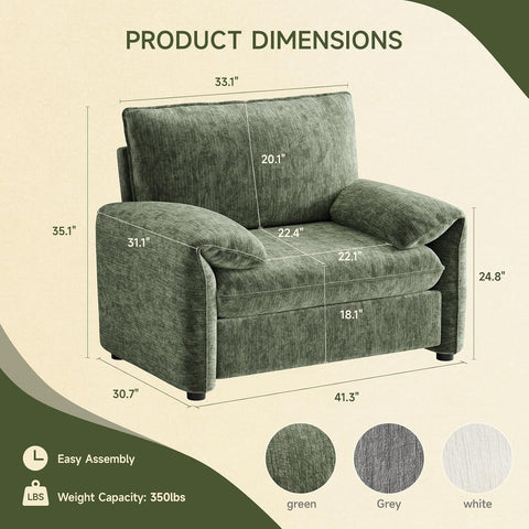 ONBRILL Oversized Accent Chair, 41 Inch Chenille Fabric Armchair, Green Comfy Single Sofa Chair with Padded Arms, Pocket Spring Cushion, Modern Reading Chair for Living Room, Bedroom, Apartment