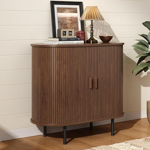 ONBRILL 70" Sideboard Buffet Cabinet, Sliding Door/Adjustable Shelf, Walnut Buffet Sideboard Storage Cabinet Mid-Century Modern Accent Coffee Bar Cabinet Console Table for Kitchen/Entryway/Dining Room
