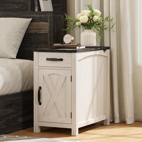ONBRILL Farmhouse End Table with Charging Station,Rustic White Narrow Side Table,Rustic Sofa Side Table with Storage Tray,23.5"Small Wood Nightstand with Drawer and Storage for Living Room