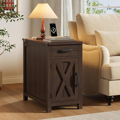 ONBRILL Farmhouse End Table with Charging Station,Rustic White Narrow Side Table,Rustic Sofa Side Table with Storage Tray,23.5"Small Wood Nightstand with Drawer and Storage for Living Room