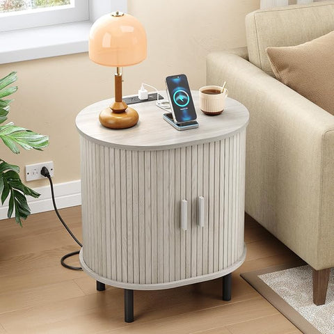 ONBRILL Oval End Table with Charging Station, Sliding Door, Wlanut(1-Pack) Fluted End Table Accent Side Table with Storage/Adjustable Shelf, Mid-Century Nightstand Living Room/Bedroom, Patent Pending