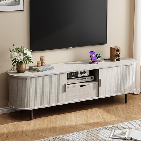 ONBRILL 86.6" TV Stand with Power Outlet for TVs up to 90", Walnut Entertainment Center with Storage and Drawer TV Console w/ Adjustable Shelves & Sliding Door TV Stand for Living Room Bedroom