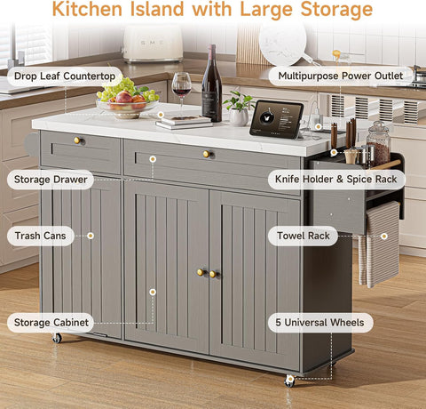 ONBRILL 60" Kitchen Island with Trash Can Storage, Grey+Imitation Marble Kitchen Island Cart with Power Outlet & Drop Leaf, Storage Cabinet with Adjustable Shelf, Rolling Island Table for Kitchen