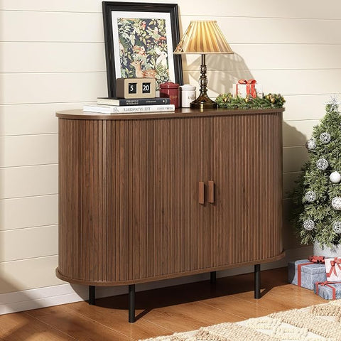 ONBRILL 70" Sideboard Buffet Cabinet, Sliding Door/Adjustable Shelf, Walnut Buffet Sideboard Storage Cabinet Mid-Century Modern Accent Coffee Bar Cabinet Console Table for Kitchen/Entryway/Dining Room