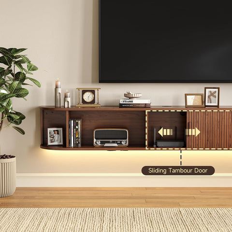 ONBRILL 80" Floating TV Stand with Power Outlet for TVs up to 95", Walnut Fluted Entertainment Center with Remote Control for LED Lights, Mid-Century Modern TV Console w/Sliding Door for Living Room