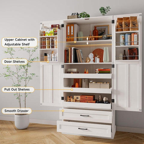 ONBRILL 71" Kitchen Pantry Cabinet, 3 Pull-Out Shelf & 2 Drawer, Off-White Tall Farmhouse Pantry Storage Cabinet with 6 Door Shelf & Adjustable Shelf, Freestanding Cupboard for Kitchen, Dining Room