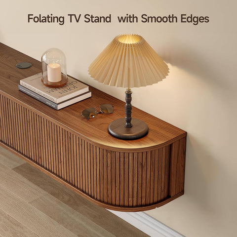 ONBRILL 80" Floating TV Stand with Power Outlet for TVs up to 95", Walnut Fluted Entertainment Center with Remote Control for LED Lights, Mid-Century Modern TV Console w/Sliding Door for Living Room