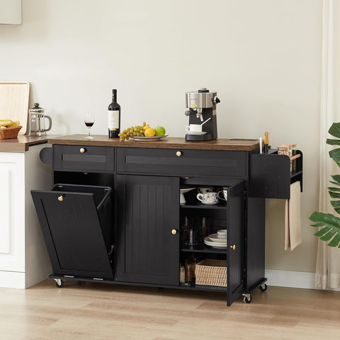 ONBRILL 60" Kitchen Island with Trash Can Storage, Black+Rustic Brown | Kitchen Island Cart with Power Outlet & Drop Leaf, Storage Cabinet with Adjustable Shelf, Rolling Island Table for Kitchen
