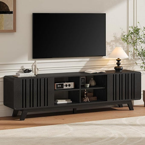 ONBRILL 70" TV Stand for TV Up to 85", Mid-Century Modern Television Stand Entertainment Center with Power Outlet, Console Table with Sliding Grille Door Cabinets, Open Shelves for Living Room, Walnut