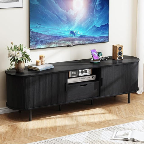 ONBRILL 86.6" TV Stand with Power Outlet for TVs up to 90", Walnut Entertainment Center with Storage and Drawer TV Console w/ Adjustable Shelves & Sliding Door TV Stand for Living Room Bedroom