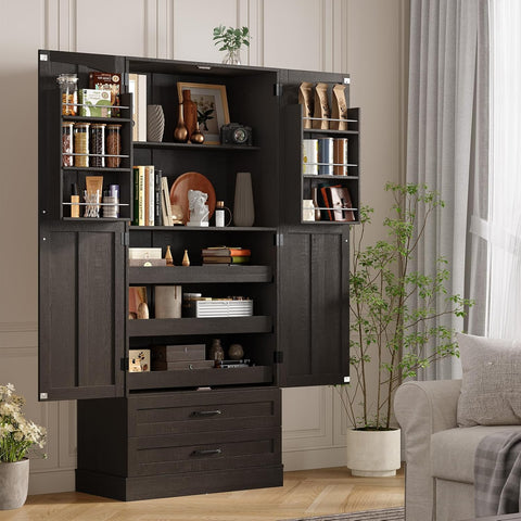 ONBRILL 71" Kitchen Pantry Cabinet, 3 Pull-Out Shelves & 2 Drawers, Black Tall Farmhouse Pantry Storage Cabinet with 6 Door Shelf & Adjustable Shelf, Freestanding Cupboard for Kitchen, Dining Room