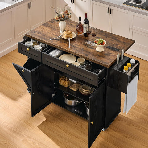 ONBRILL 60" Kitchen Island with Trash Can Storage, Black+Rustic Brown | Kitchen Island Cart with Power Outlet & Drop Leaf, Storage Cabinet with Adjustable Shelf, Rolling Island Table for Kitchen