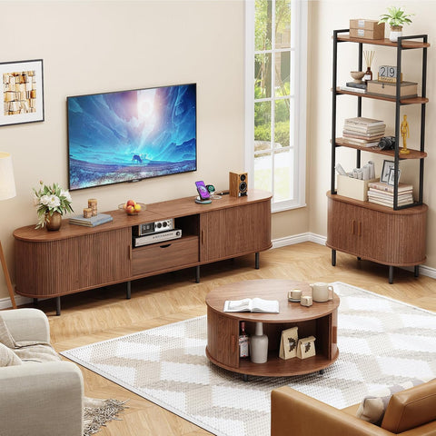 ONBRILL 86.6" TV Stand with Power Outlet for TVs up to 90", Walnut Entertainment Center with Storage and Drawer TV Console w/ Adjustable Shelves & Sliding Door TV Stand for Living Room Bedroom