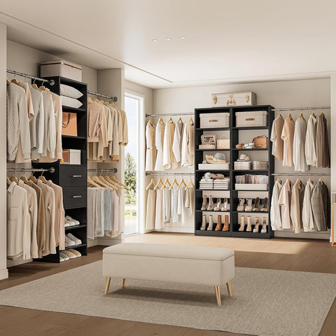 ONBRILL W1 3.5FT-7.7FT Closet System with 4 Chrome-Plated Telescopic Rods Modular Closet Organizer System with 6 Adjustable Shelves, Custom Wood Walk-In & Reach-In Closet Organizer, Wall Mount, Black